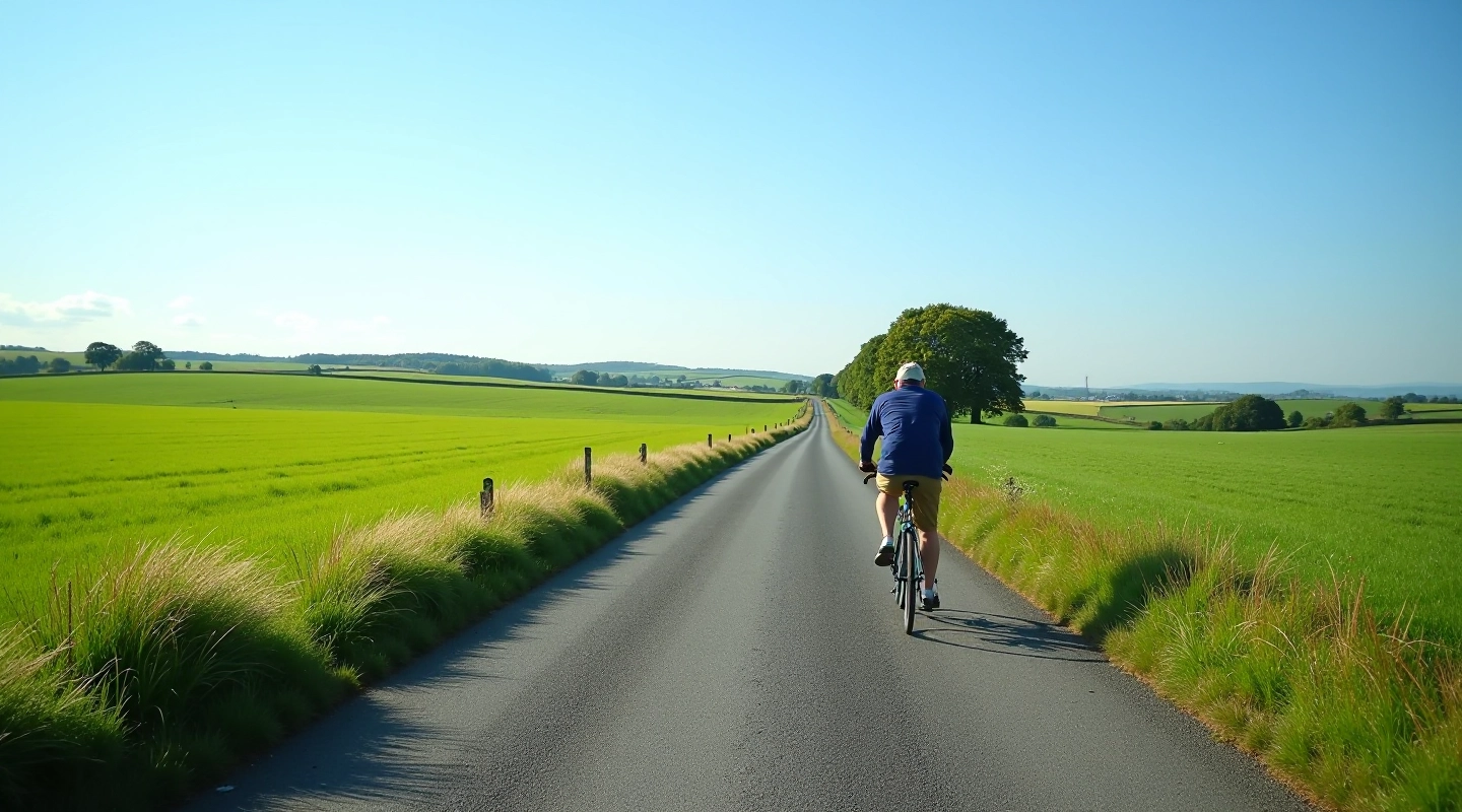 Wide cycling path through green pastoral landscape with clear blue sky and rolling fields
