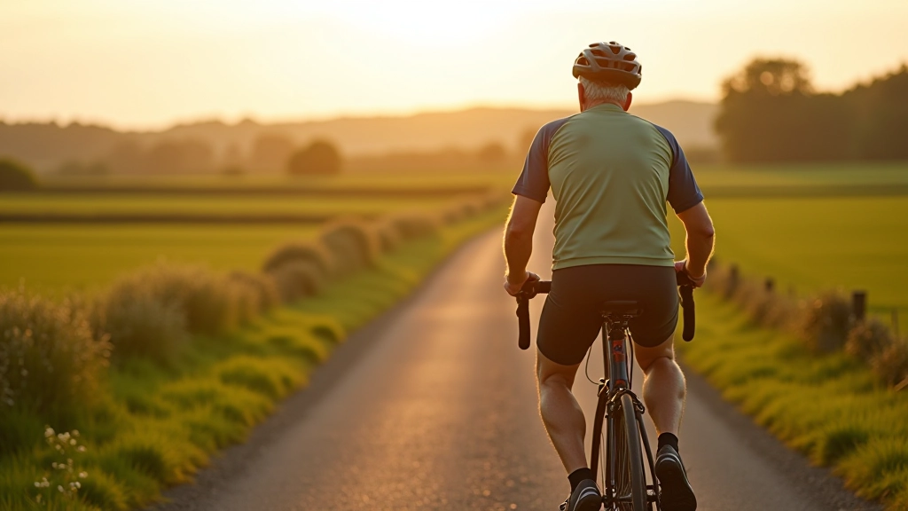 Cyclist enjoying a peaceful moment on paved cycling path surrounded by green pastoral farmland and clear weather