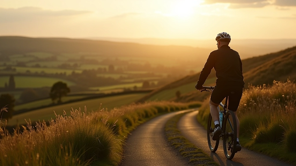 Cyclist resting at scenic overlook point with rolling countryside and village visible in the distance