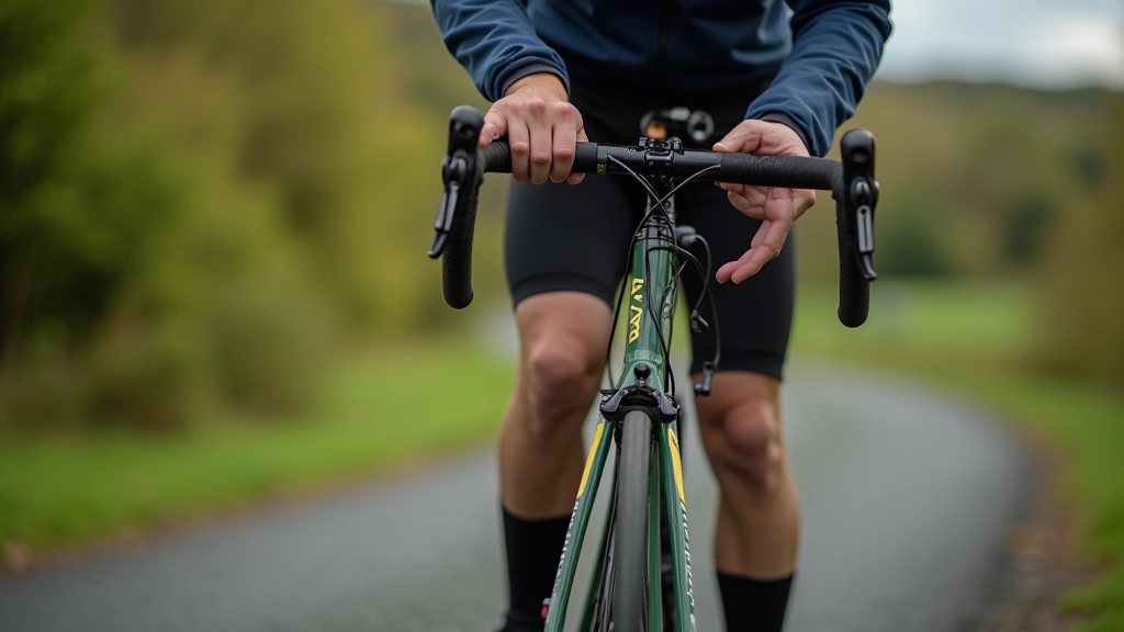 Cyclist checking bike preparation before ride with tools and water bottle visible
