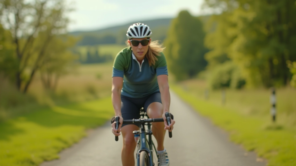 Cyclist wearing safety helmet and comfortable clothing, preparing for a ride with water bottle and small backpack visible