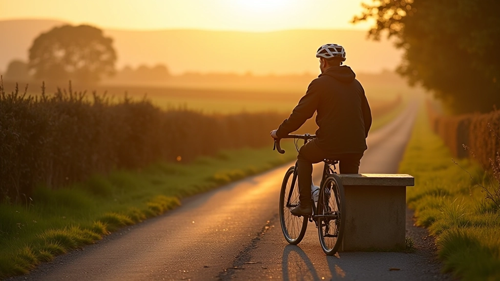 Cyclist resting on a bench beside a quiet country road with trees and hedgerows in background