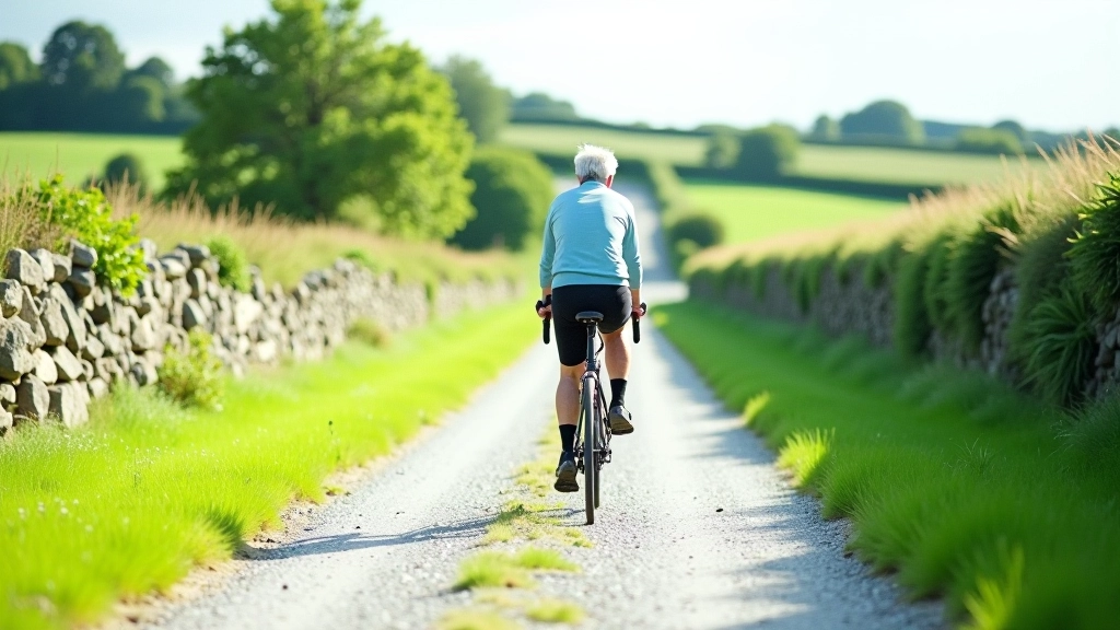 Gravel cycling path lined with stone walls and green hedgerows on both sides, rural countryside setting
