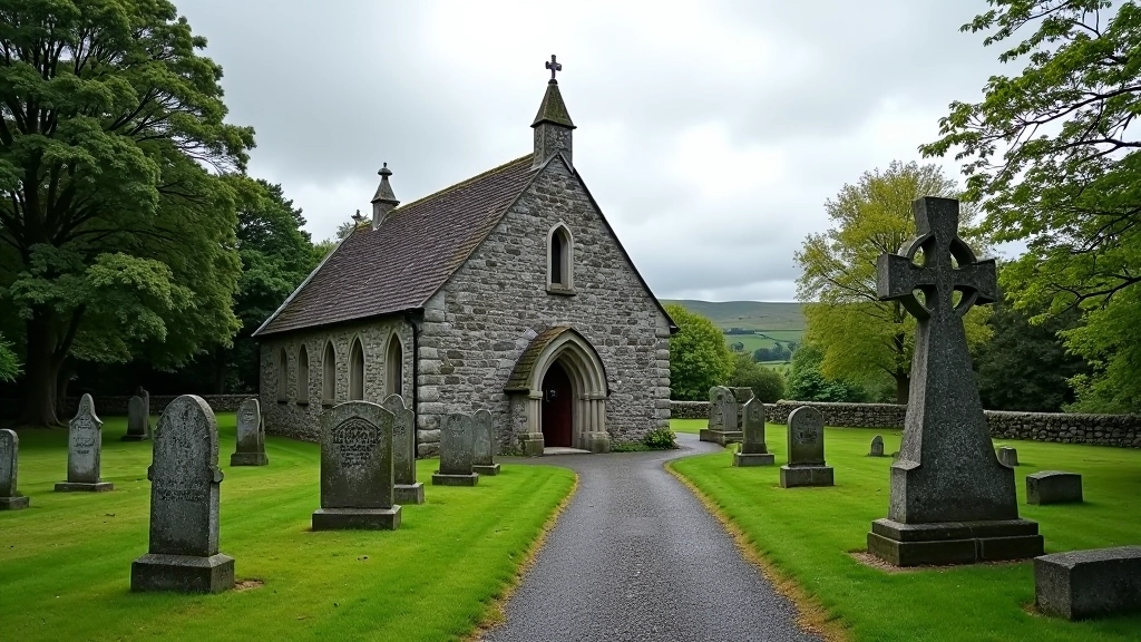 Stone church building with graveyard and Celtic cross monument in historic village setting