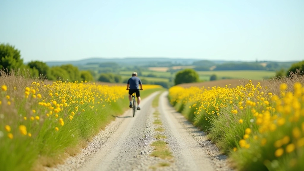 Gravel path winding through open countryside with wildflowers on both sides and clear sky