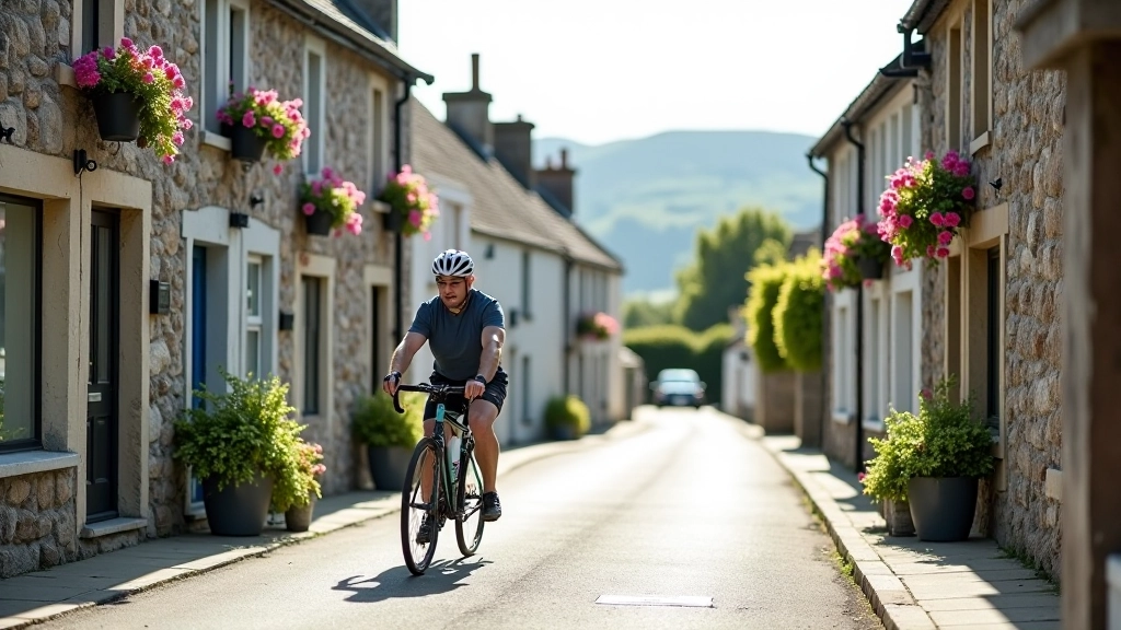 Stone village buildings with colorful storefronts and a cyclist passing through the quiet main street