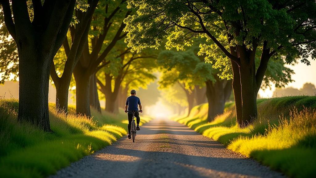 Quiet country lane with mature trees lining both sides and a gravel cycling path stretching into distance