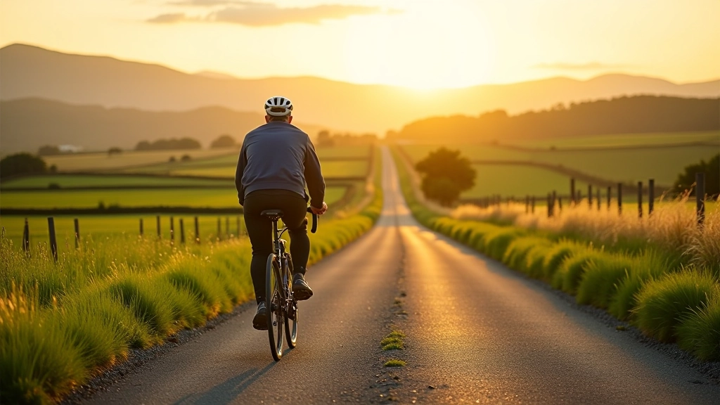 Scenic country road lined with green hedgerows, mountains visible in the distance, paved cycling surface in early morning light