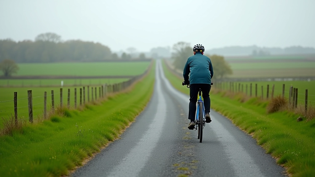 Paved cycling path alongside green pasture fields with fence line and distant treeline