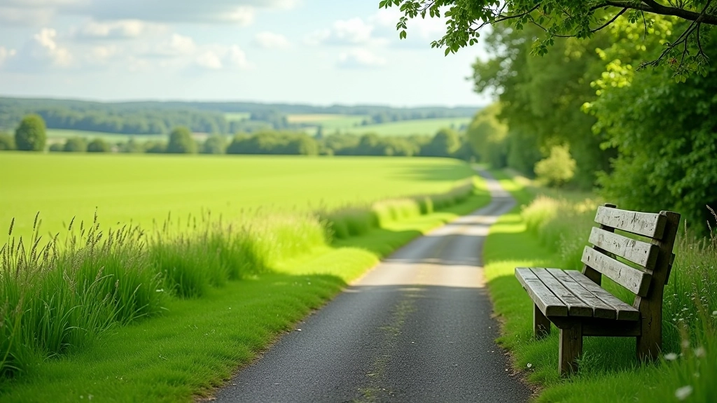 Rest bench on grass verge with countryside view, wooden seating with clear sightlines of rolling hills and fields